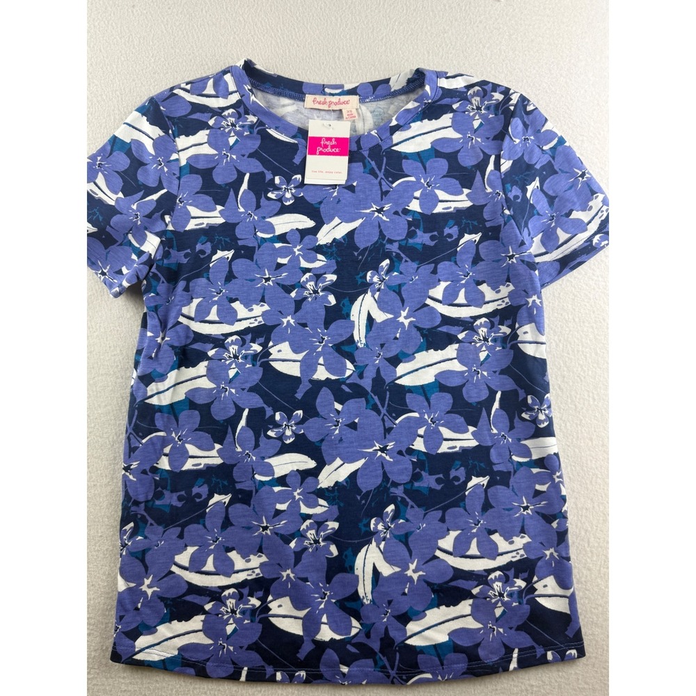 Fresh Produce Womens Blue White Floral Tropical Short Sleeve T-Shirt XS MATS0010